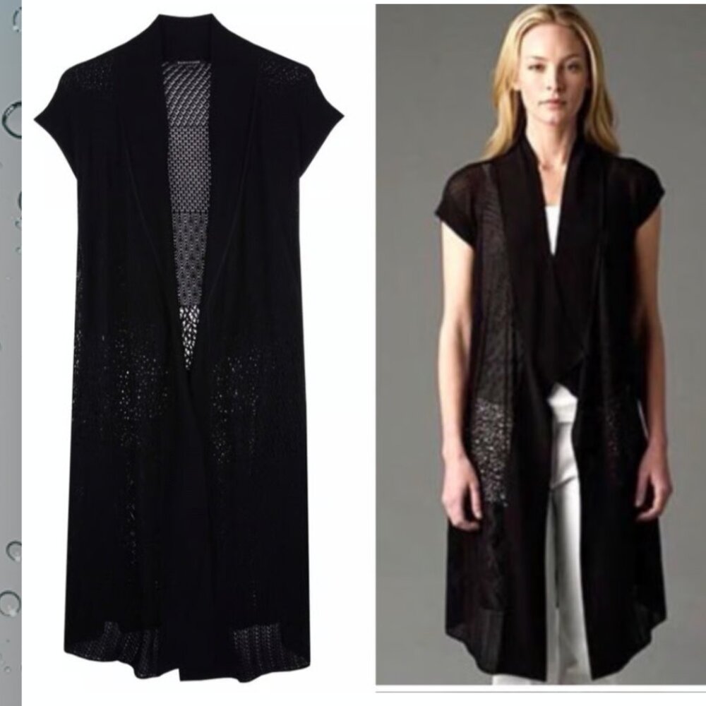 Eileen Fisher silk patterned open front black duster size Small